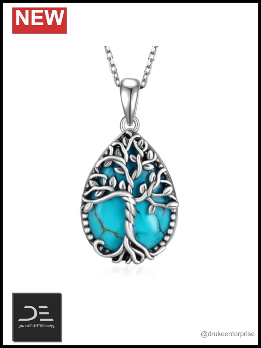 Genuine Turquoise Sterling Silver Tree of Life Pendant Necklace Western
